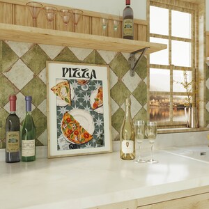May include: A framed print of a vintage pizza advertisement with the word "PIZZA" in bold letters. The print features three slices of pizza on plates with a green and white tiled background.