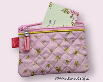 Pink Gold Stars Quilted Bag, Quilted Bank Card, Business Card Holder, Quilted Purse, Quilted Pouch, Quilted Zipper Bag,Quilted Coin Purse
