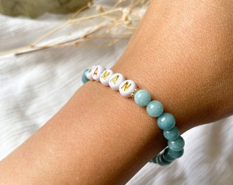 Mom bracelet with natural stones in blue/green tones, alphabet letter bracelet, women's jewelry, Mother's Day gift