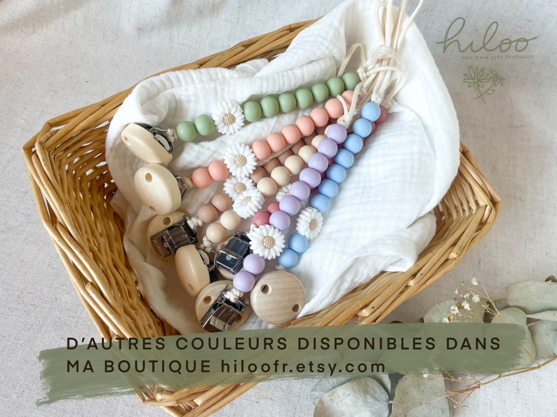 Attache Tétine bébé nouveau-né en silicone Attache sucette bébé billes fleurs neutre beige Cadeau de naissance Coffret Baby Shower image 7