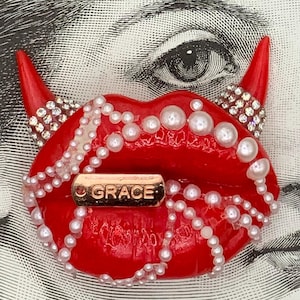 Red Resin Lip Fridge Magnet: Pearl Embellished Toolbox Art