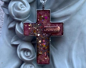 Forever Chunky Resin Cross Necklace: Rose Gold Glittery Rave Jewelry