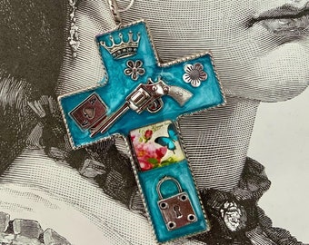 Gen X Resin Cross Pendant Necklace: Eclectic Mixed Media Jewelry