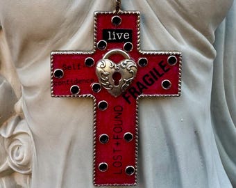 Fragile Live Affirmation Jewelry Chunky Resin Cross Pendant Necklace: Mixed Metal Jewelry Handcrafted By Pretty Candy