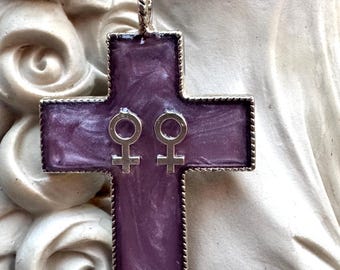 Girl Power Lavender Cross Chunky Resin Cross Pendant Necklace Handcrafted By Pretty Candy