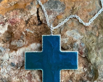 Worship Chunky Antiqued Silver Cross Pendant: Peacock Blue Resin Necklace