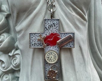 Chunky Art Necklace: Boho Eclectic Cross Pendant, Red Lips & Clock