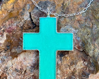 Teal Blue Resin Cross Pendant Necklace - Handmade Spiritual Jewelry