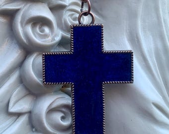 Sin Chunky Cobalt Blue Resin Cross Pendant Necklace - Antiqued Copper