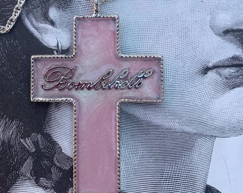 Bombshell Chunky Resin Cross Pendant Necklace Pink Boho Jewelry