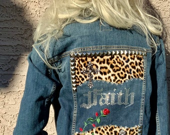 Faith Rhinestone Altered Denim Jacket: Leopard Print Studs Alt Fashion