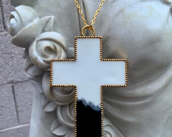 Black and White Cross Chunky Resin Cross Pendant Necklace