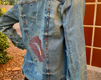 Flawless Altered Denim Jacket: Red Lips Pin-Up Trucker Jacket Handmade. Alt Fashion Fall 2026