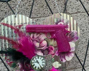 Rockabilly Metal Heart Wall Hanging: Pink Gun, Feathers, Clock