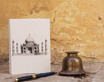 HANDMADE PAPER Notebook- Taj Mahal Design - 100% recycled newspaper - Natural Deckle Edge