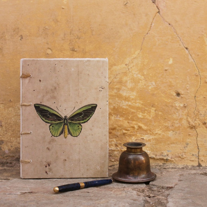 HANDMADE PAPER Journal BUTTERFLY Design 100% recycled newspaper Natural Deckle Edge image 1