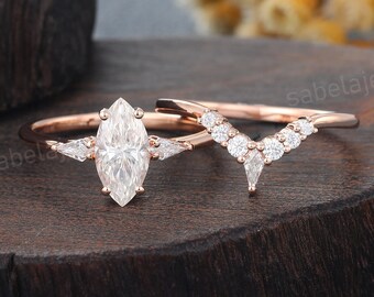 Marquise cut Moissanite engagement ring set Vintage Rose gold ring Kite shaped diamond ring Curved wedding band Promise Anniversary ring set