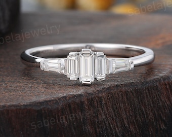 Vintage Baguette Lab grown diamond engagement ring Solid white gold diamond ring Art deco Bridal wedding ring Anniversary ring gift for her
