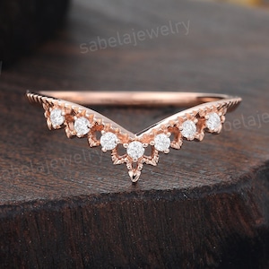 Moissanite Diamond Curved wedding band Rose gold wedding band Art deco Bridal Stacking Matching band Chevron band Promise band for her gift