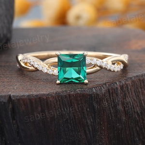 Princess cut Emerald engagement ring Art deco Yellow gold Lab grown diamond engagement ring Dainty Twisted wedding Bridal ring Promise ring