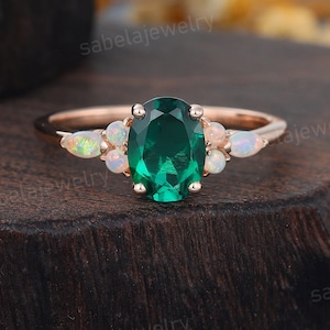 Oval cut Emerald engagement ring Vintage Rose gold engagement ring Marquise cut Opal Wedding ring Bridal Birthstone Promise ring for Women