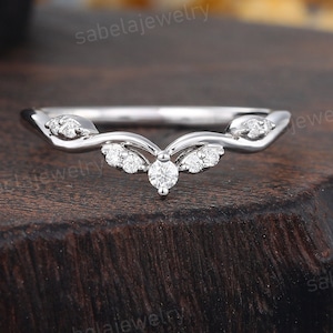 Vintage moissanite Lab grown diamond Curved Wedding band Unique White gold Wedding band Unique Bridal Stacking band Anniversary Promise ring
