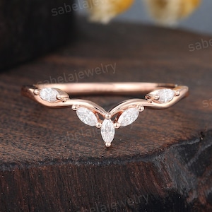 Diamond Curved Wedding band Solid Rose gold Marquise cut moissanite ring Unique Bridal matching Stacking band Promise ring personalized gift