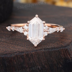 Hexagon cut Moissanite engagement ring Rose gold engagement ring Vintage Kite cut Diamond Wedding ring Bridal Promise ring for Women