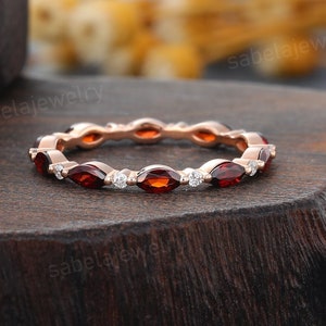 Unique Marquise cut Garnet wedding band Solid Rose gold diamond wedding band Dainty full eternity matching stacking ring Anniversary ring