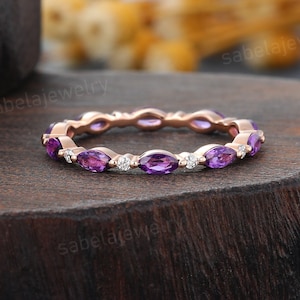 Unique Marquise Amethyst wedding band Solid 14k Rose gold moissanite diamond wedding band full eternity matching stacking Anniversary ring