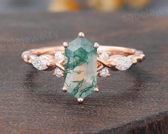 Unique Long Hexagon cut Moss Agate ring Rose gold Twisted engagement ring Marquise cut diamond ring Art deco Bridal Promise Anniversary ring
