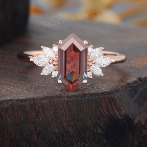 Hexagon cut Alexandrite engagement ring Vintage Rose gold Marquise Lab grown diamond Cluster engagement ring Art deco Promise ring for women
