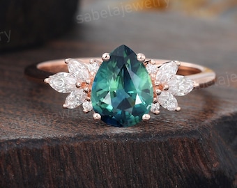 Pear Teal sapphire engagement ring Vintage Rose gold blue green sapphire ring Marquise Moissanite diamond Bridal ring Promise Jewelry gift