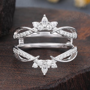 Moissanite Curved Wedding band Unique White gold ring Double band Pear shaped diamond enhancer Bridal Stacking band Anniversary Promise ring
