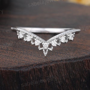 Lab Grown Diamond Curved wedding band White gold wedding band Vintage Bridal Stacking Matching band Chevron band Promise ring gift for Women