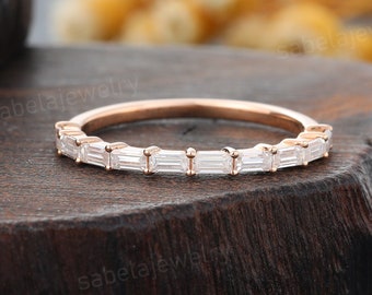 Vintage Baguette cut moissanite Wedding band Rose gold diamond Wedding band Dainty half eternity ring Matching band Promise Anniversary ring