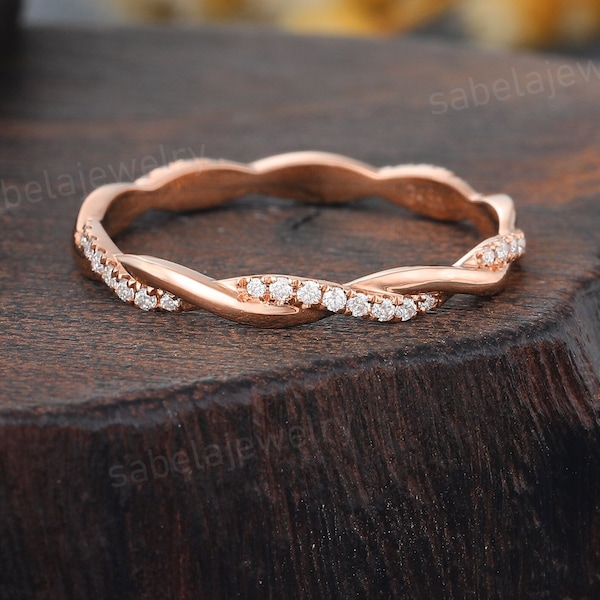 Art Deco Twisted Moissanite Full Eternity Band, Round Lab Diamond Accents, 14K Rose Gold Infinity Anniversary Ring