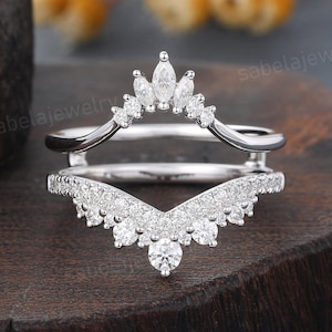 Vintage Marquise Moissanit diamant Böjd vigselring Unik vitguld Dubbelringförstärkare Brudstapelring Jubileumslöftesring