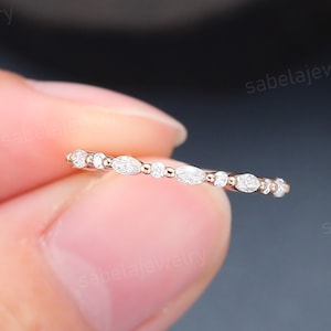 Marquise moissanite Wedding band Vintage Rose gold Lab grown diamond  Wedding band Half eternity Bridal Stacking Matching band Promise ring