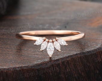 Vintage Marquise cut Moissanite Curved Wedding band Danity Rose gold Diamond Wedding band Unique Stacking Matching band Anniversary ring