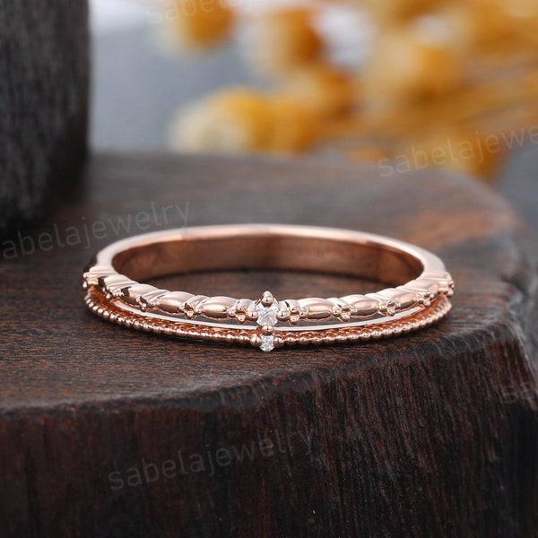 Unique Diamond Wedding band Vintage Rose gold Wedding band Dainty Double band Milgrain Stacking Matching band Promise Anniversary ring