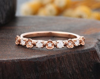 Vintage Moissanite Wedding band Unique 14k Rose gold Diamond Wedding band Dainty Floral Stacking Matching band Art deco Anniversary ring