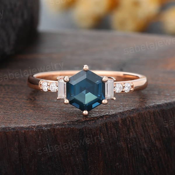 Hexagon cut London Blue topaz engagement ring Unique Rose gold Baguette Moissanite ring Art deco Bridal diamond ring wedding Promise ring