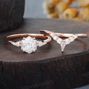 Hexagon Moissanite engagement ring set Vintage Rose gold Kite shaped Bridal ring set Art deco Diamond wedding ring Promise Anniversary ring