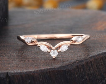 Unique Moissanite Curved Wedding band Vintage 14k rose gold Marquise Diamond ring Bridal Stacking band Anniversary Promise ring for women