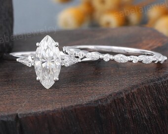 Marquise cut Moissanite engagement ring set Unique White gold ring Kite cut Diamond marriage ring Bridal Art deco Promise Anniversary set
