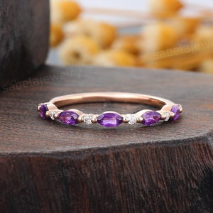 Unique amethyst wedding band Rose gold diamond wedding band Dainty marquise ring half eternity matching stacking ring Anniversary ring