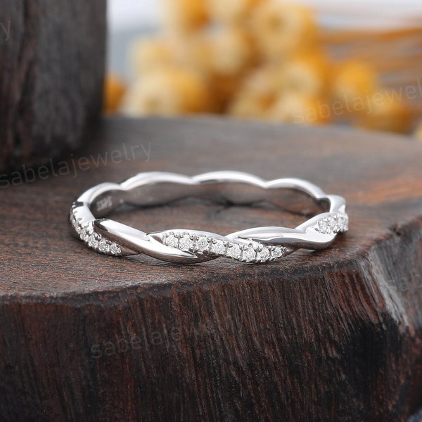 Vintage Twisted Moissanite Wedding band White gold Diamond Wedding band Unique Stacking Matching band women Infinity band Anniversary ring