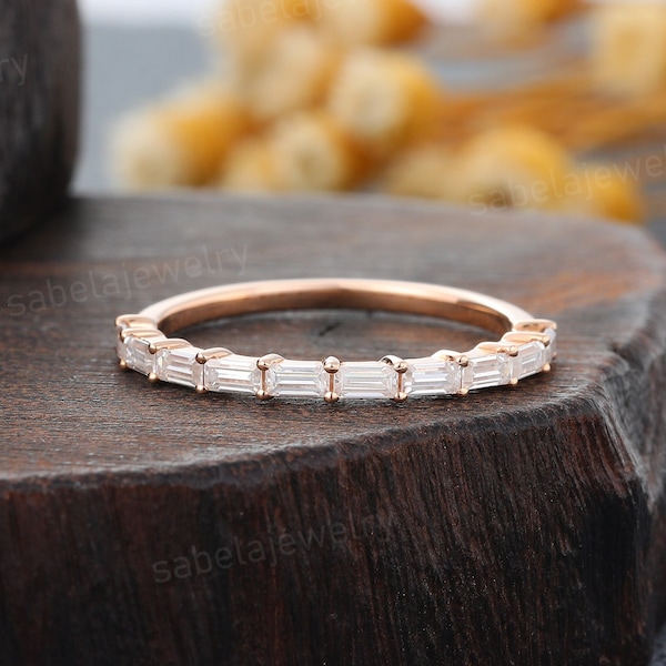 Vintage Baguette cut Moissanite Wedding band Rose gold Diamond Wedding band Dainty half eternity ring Matching band Promise Anniversary ring