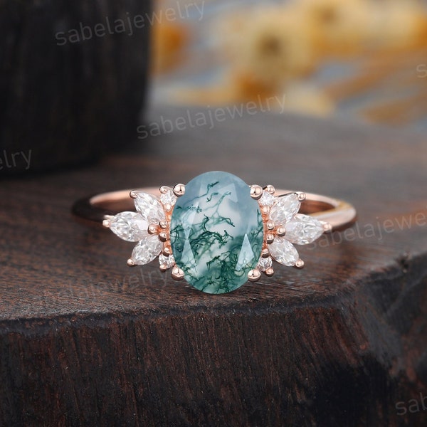 Oval cut Moss agate engagement ring Vintage rose gold ring Marquise cut Moissanite ring Prong set ring Cluster wedding Bridal ring promise